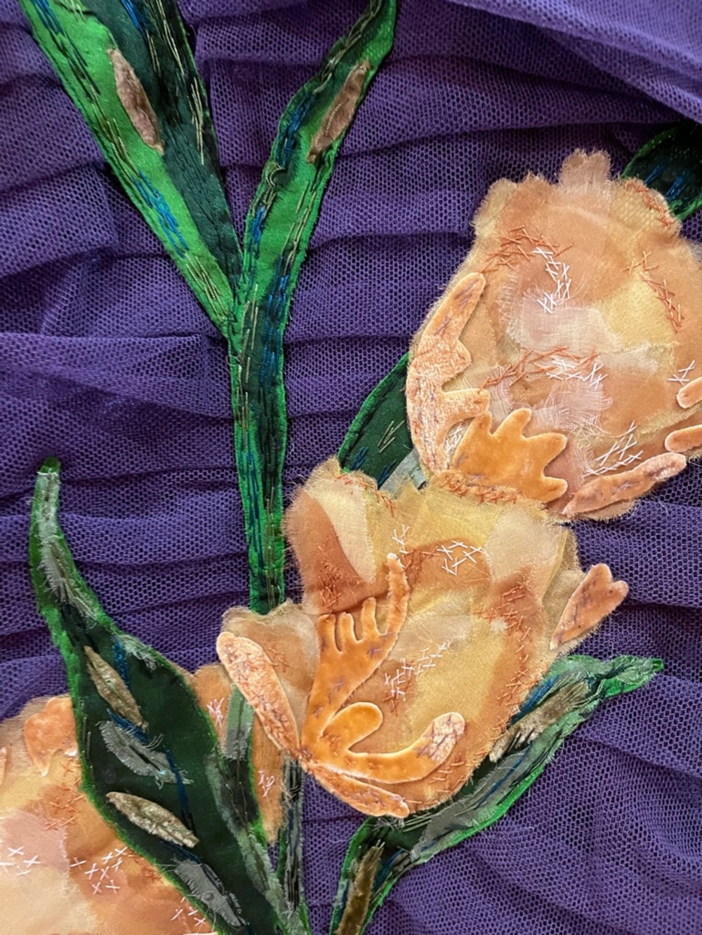 Dolce & Gabbana Purple Sheer Ruched Dress with Yellow Floral Appliqué - Picture 3 of 6